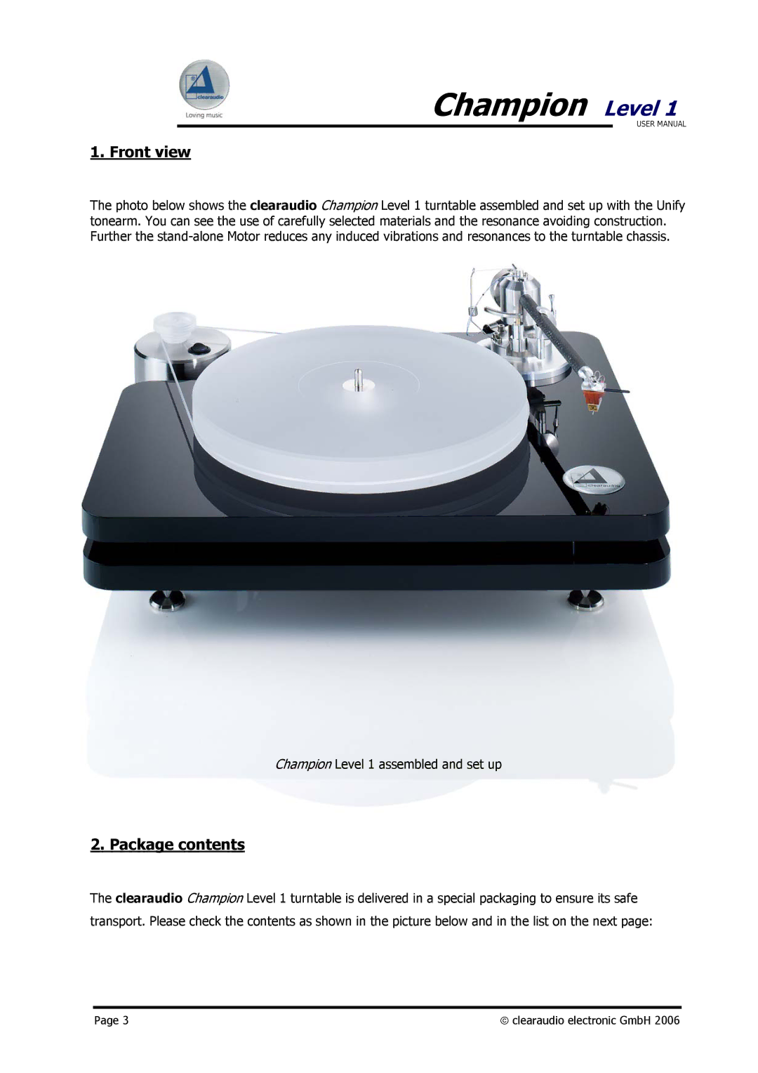 Clearaudio Champion user manual Front view, Package contents 