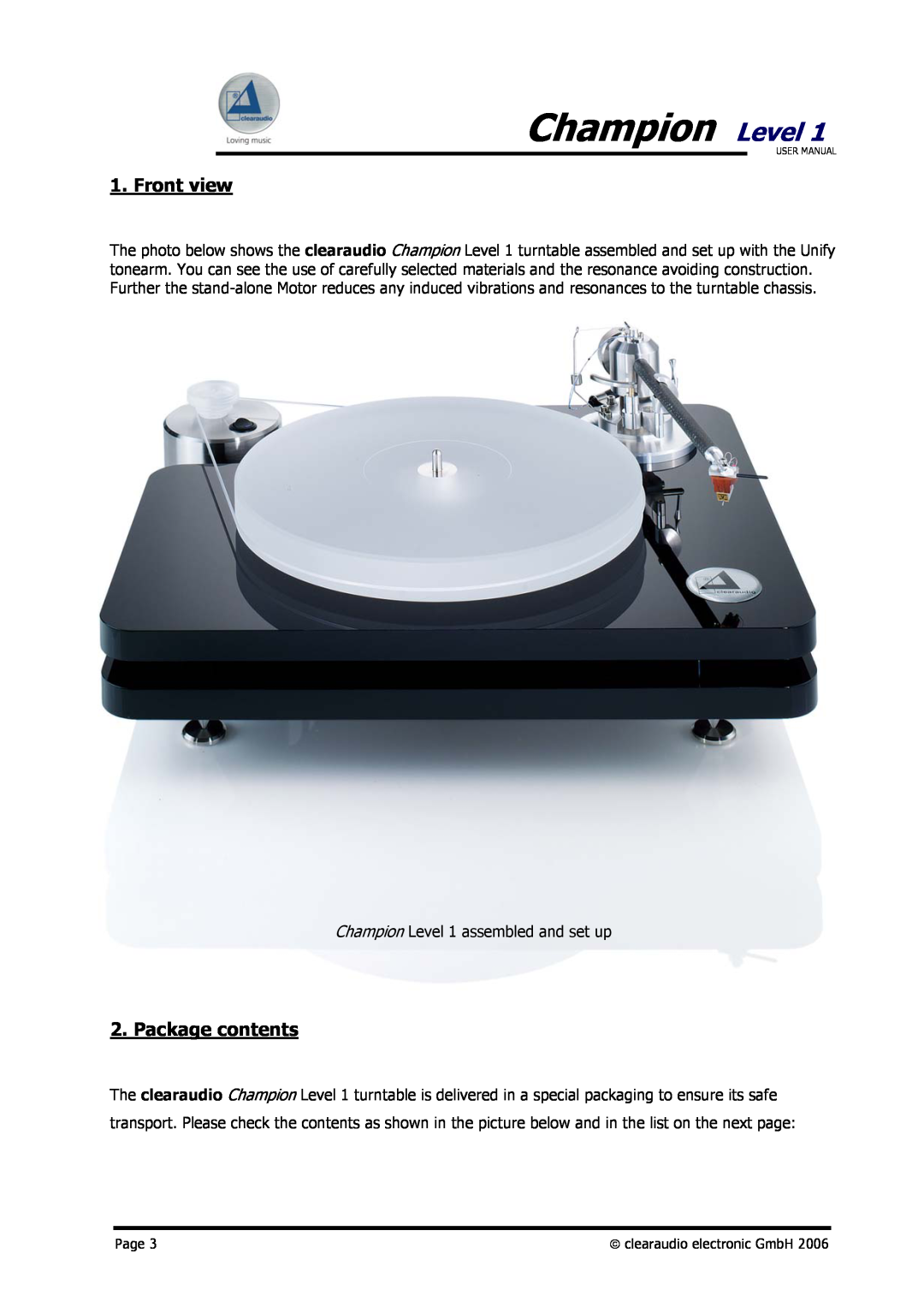 Clearaudio user manual Front view, Package contents, Champion Level 