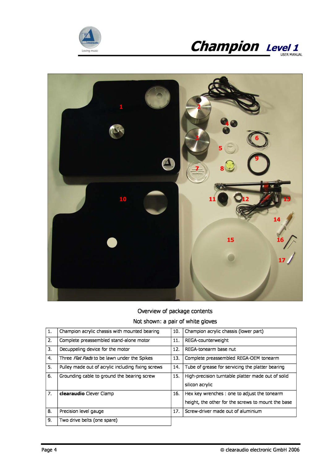 Clearaudio user manual Champion Level, Overview of package contents, Not shown a pair of white gloves, Page 