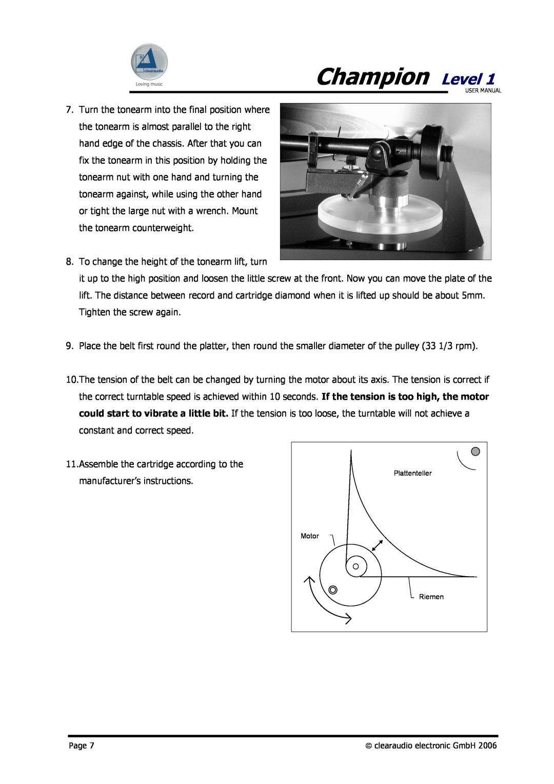 Clearaudio user manual Champion Level, To change the height of the tonearm lift, turn 