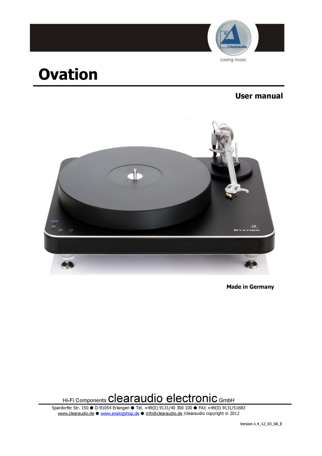 Clearaudio Version-1.4_12_03_08_E user manual Ovation 