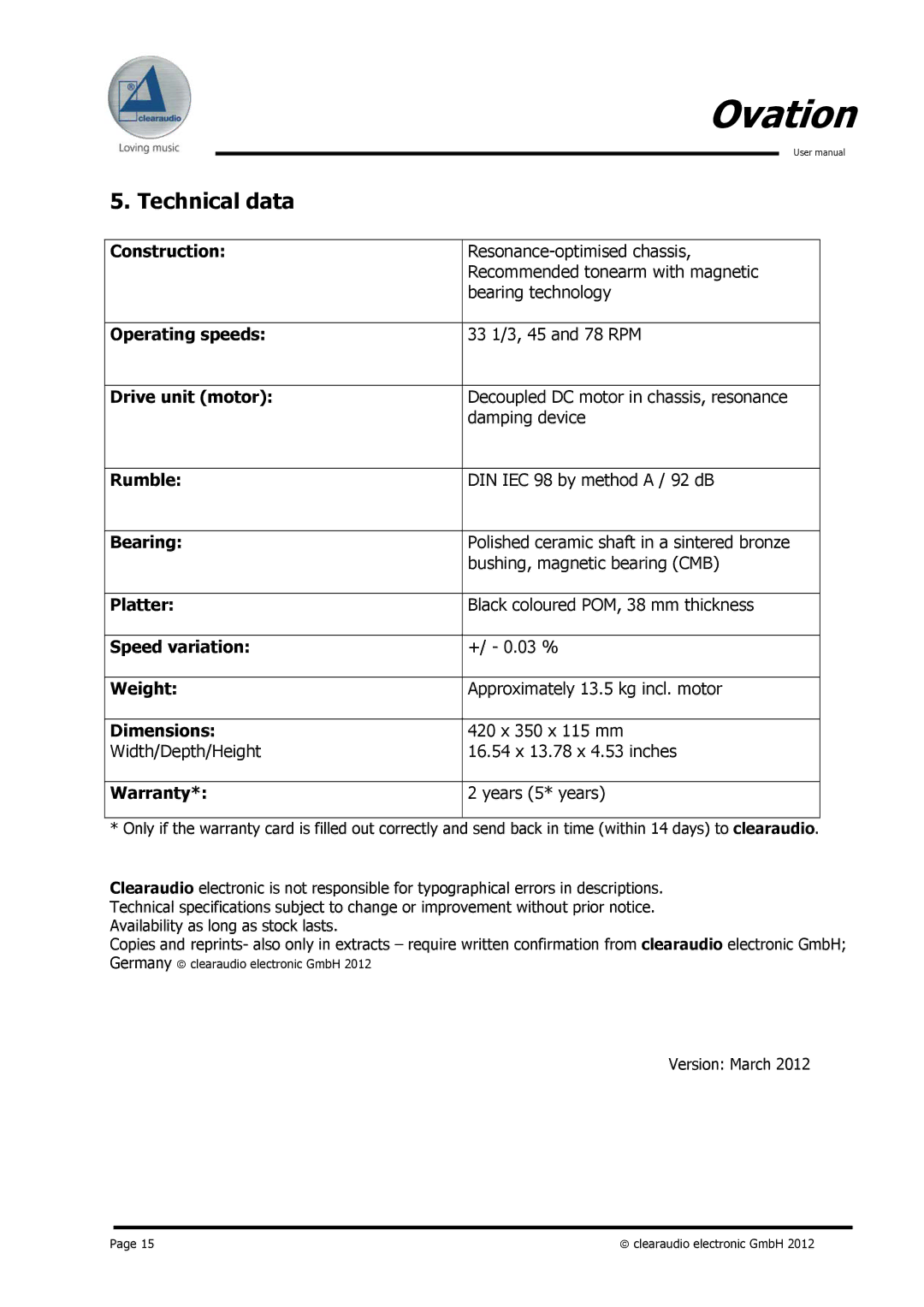 Clearaudio Version-1.4_12_03_08_E user manual Technical data, Warranty 