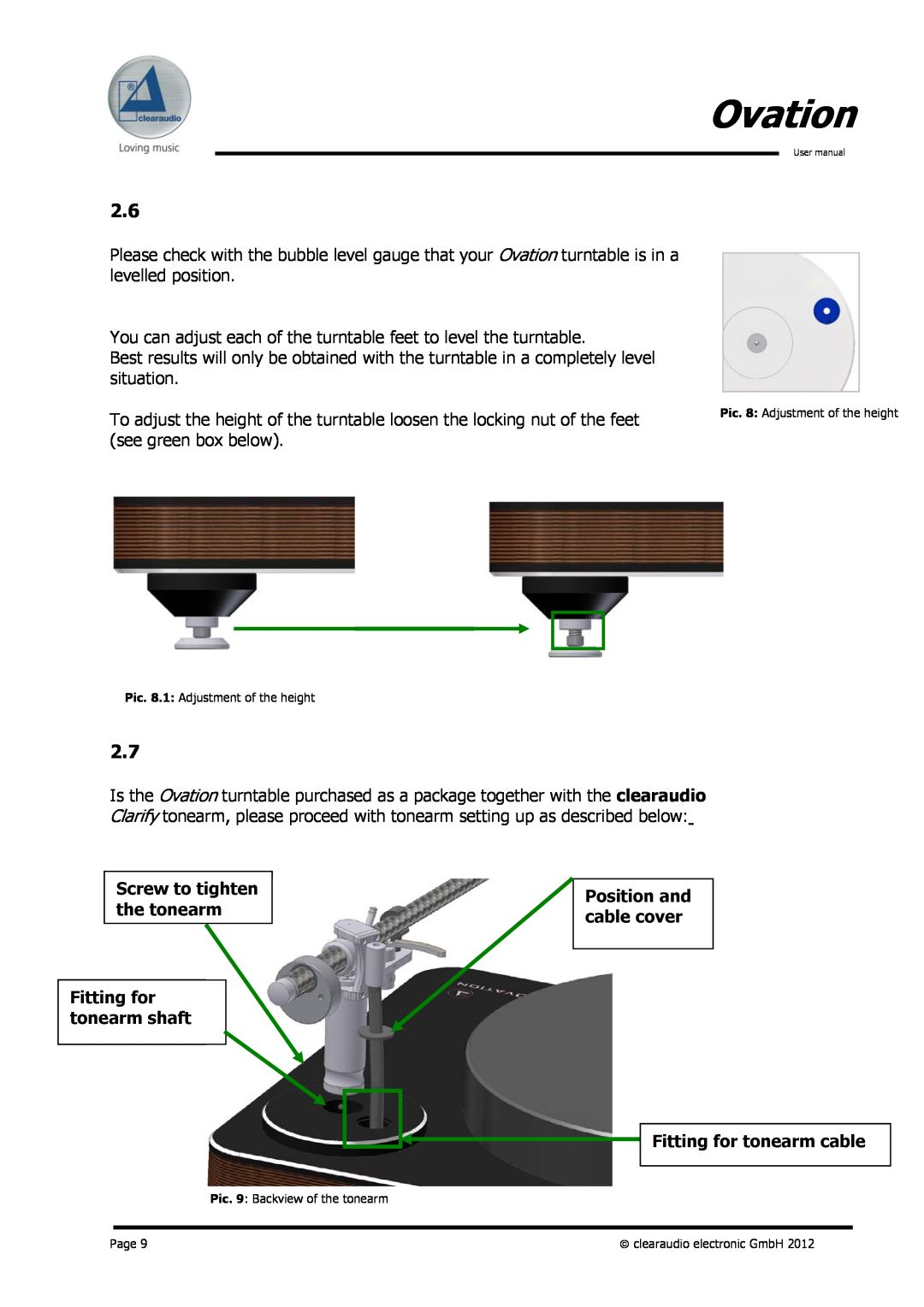 Clearaudio Version-1.4_12_03_08_E user manual Ovation, Screw to tighten the tonearm, Fitting for tonearm shaft, Page 