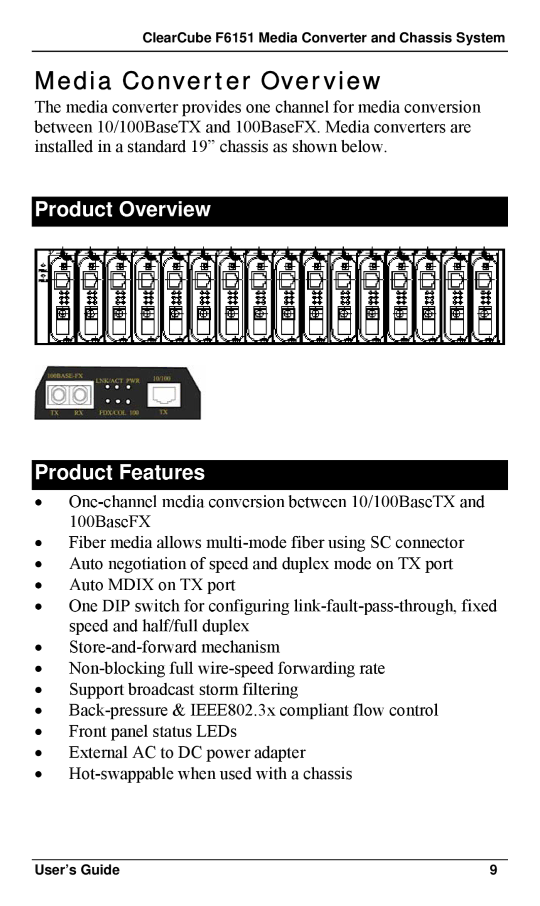 ClearCube F6151 manual Media Converter Overview, Product Overview Product Features 