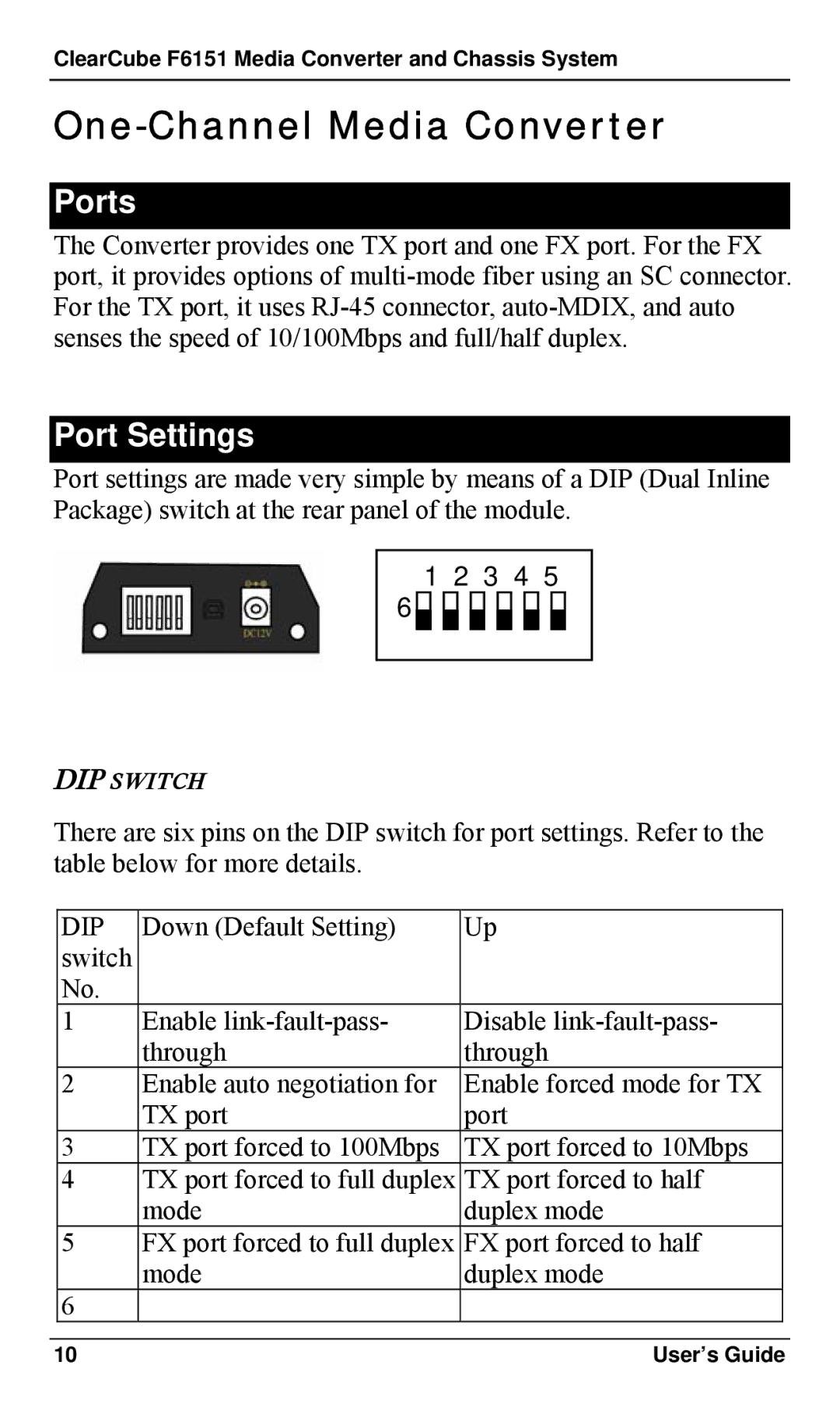 ClearCube F6151 manual One-Channel Media Converter, Ports, Port Settings 