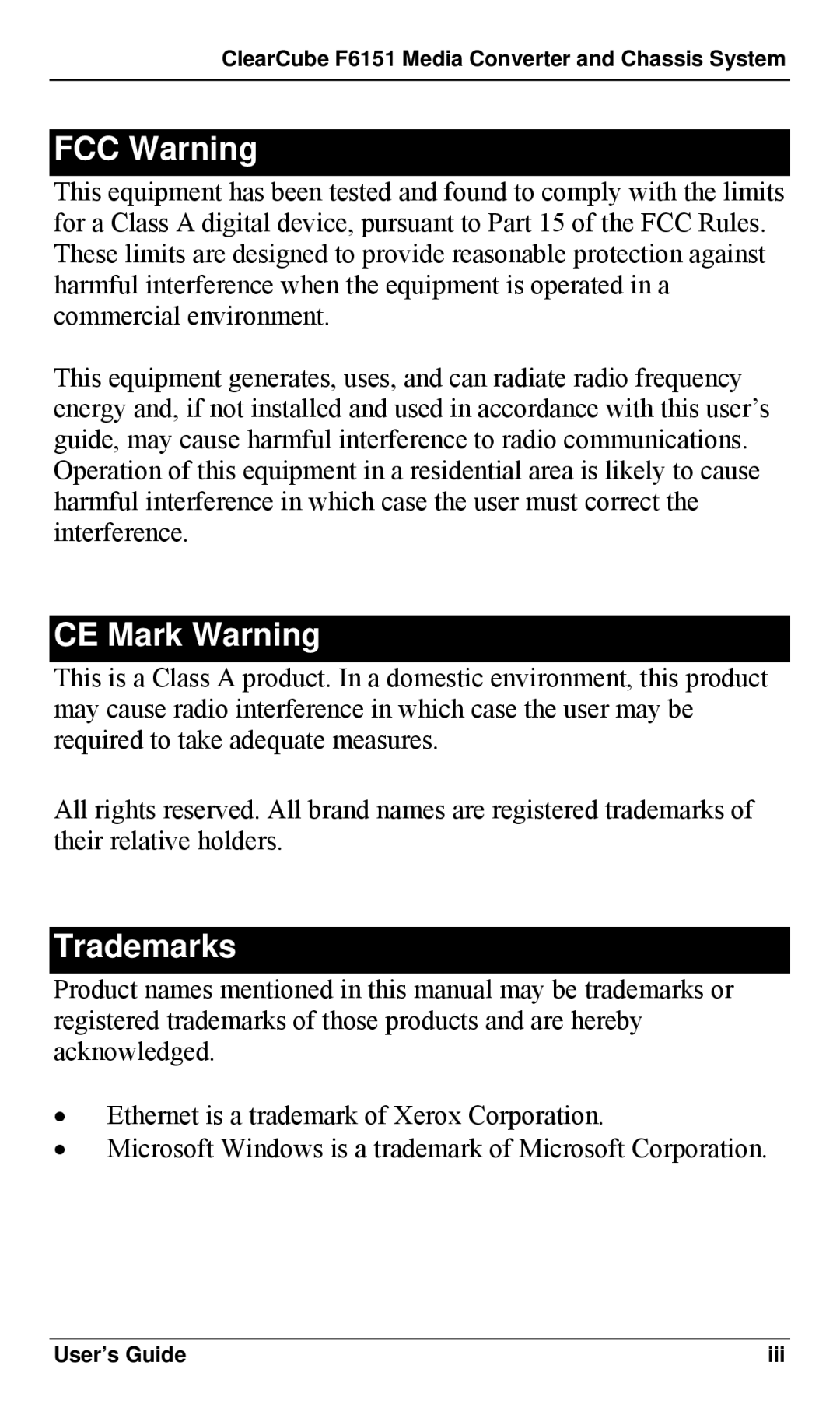 ClearCube F6151 manual FCC Warning, CE Mark Warning, Trademarks 