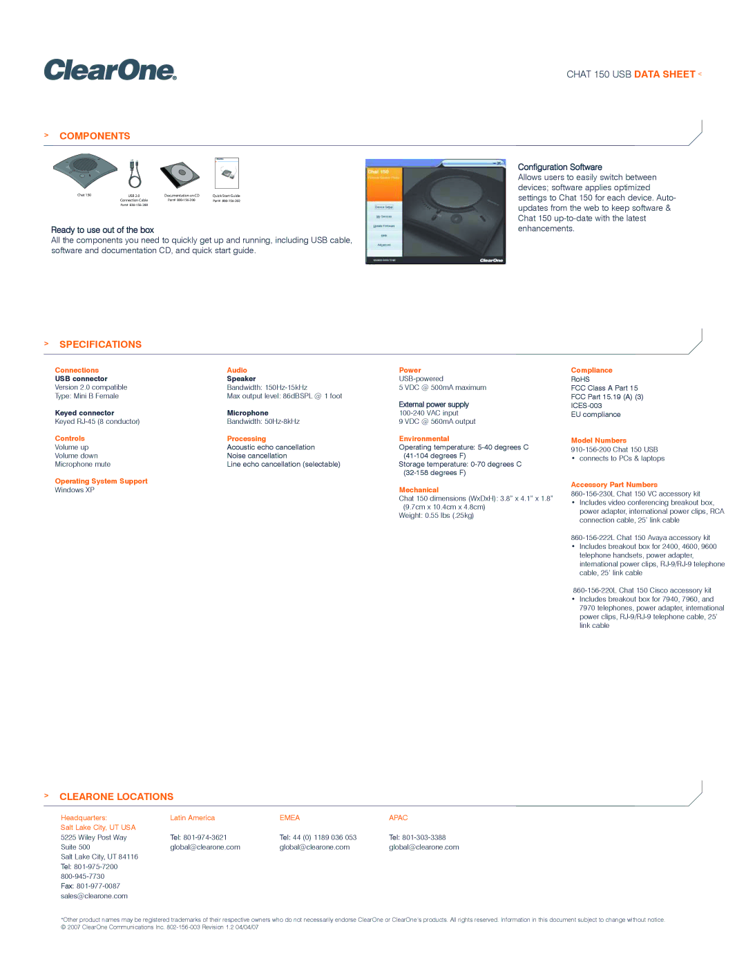 ClearOne comm 150 manual Components, Specifications, Clearone Locations 