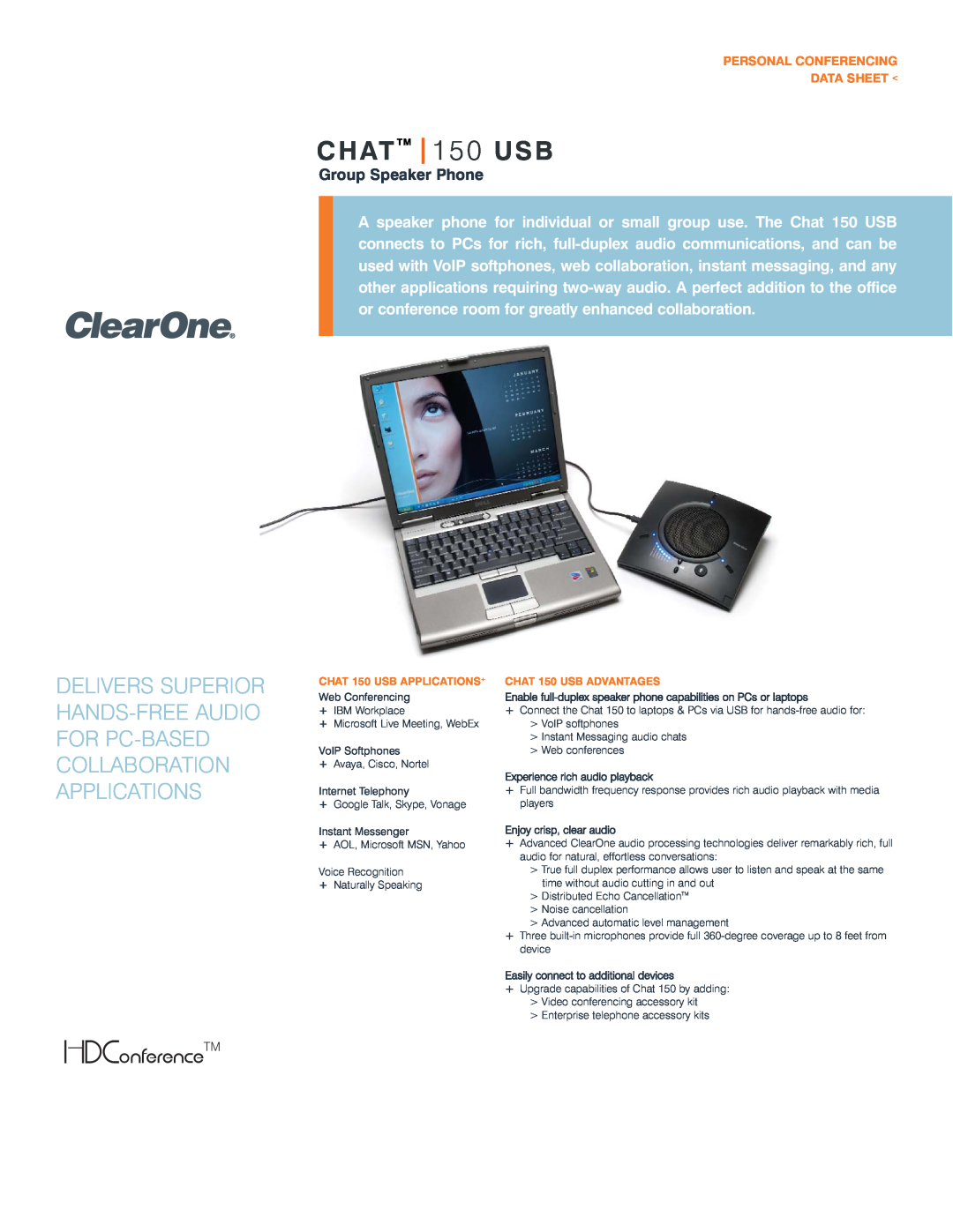 ClearOne comm manual CHATTM 150 USB, Delivers Superior, Hands-Free Audio, For Pc-Based, Collaboration, Applications 