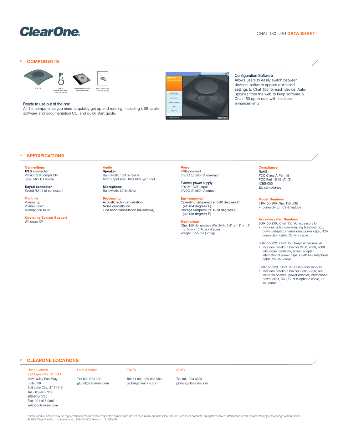 ClearOne comm Components, CHAT 150 USB DATA SHEET, Specifications, Clearone Locations, Ready to use out of the box 