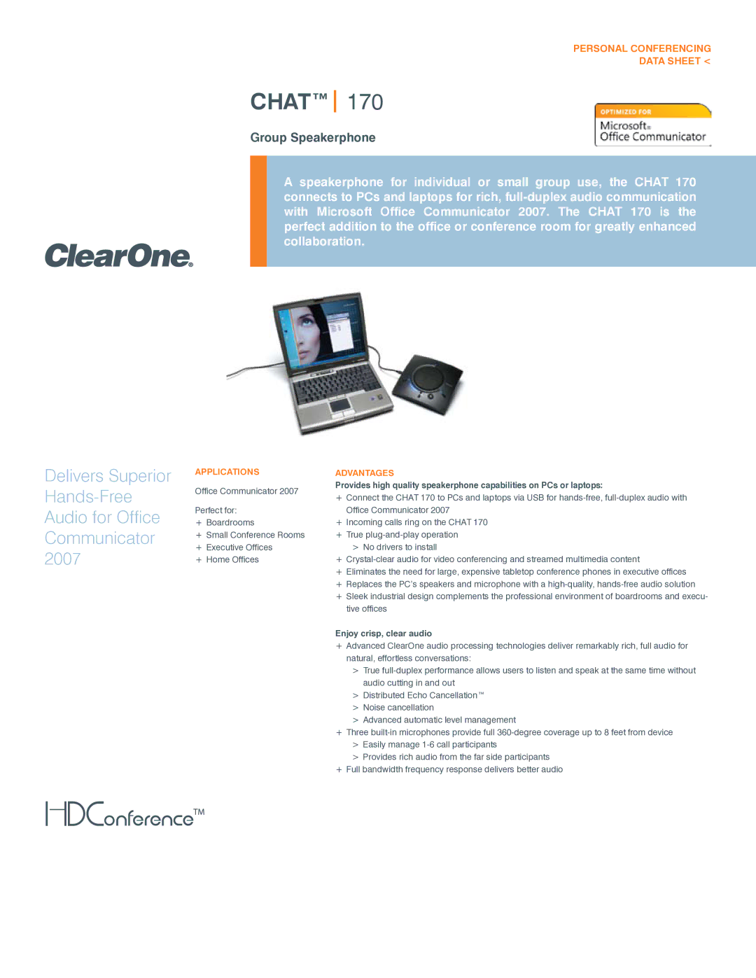 ClearOne comm 170 manual Applications, Advantages, Enjoy crisp, clear audio 