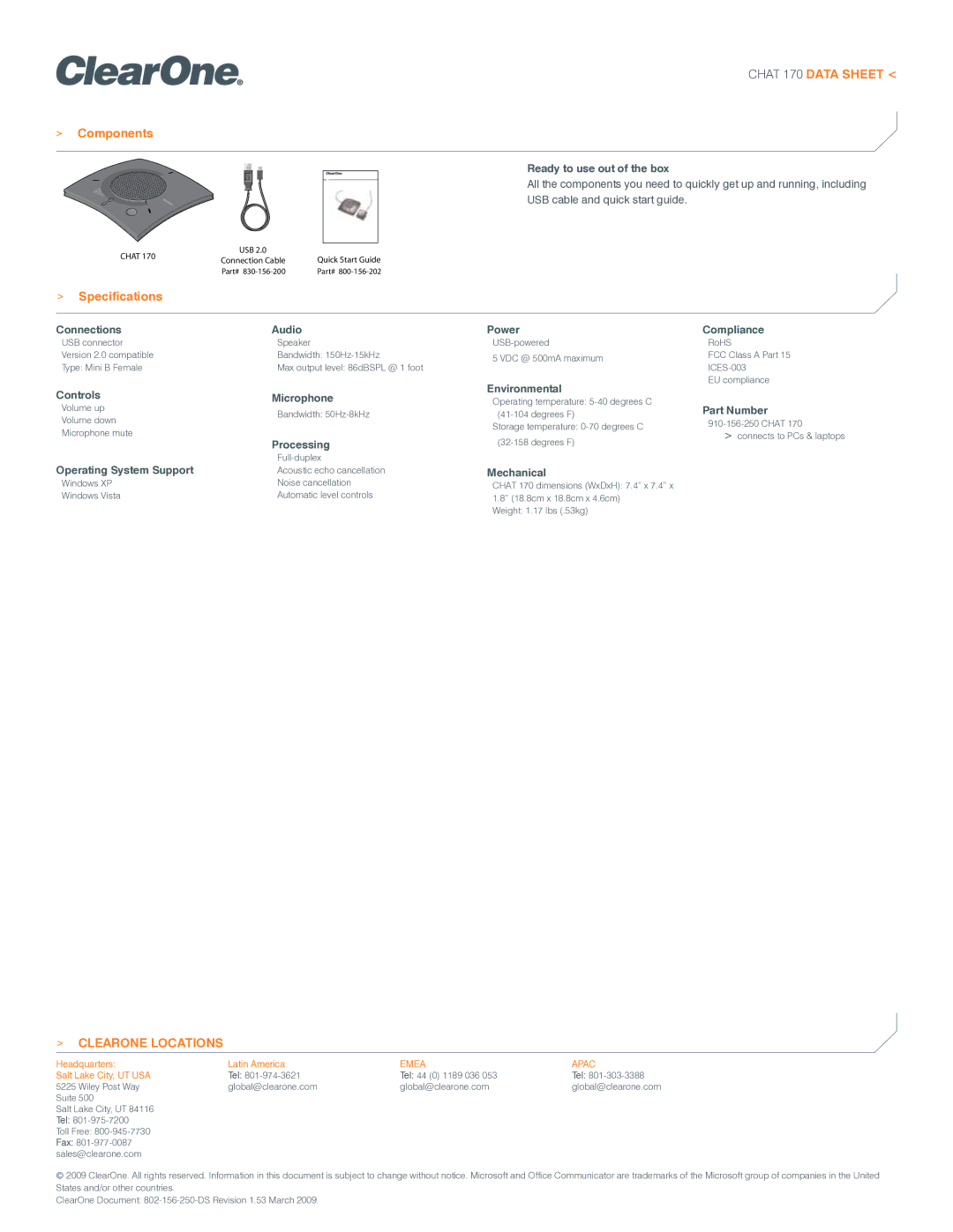 ClearOne comm 170 Ready to use out of the box, Connections, Controls, Operating System Support, Audio, Microphone, Power 