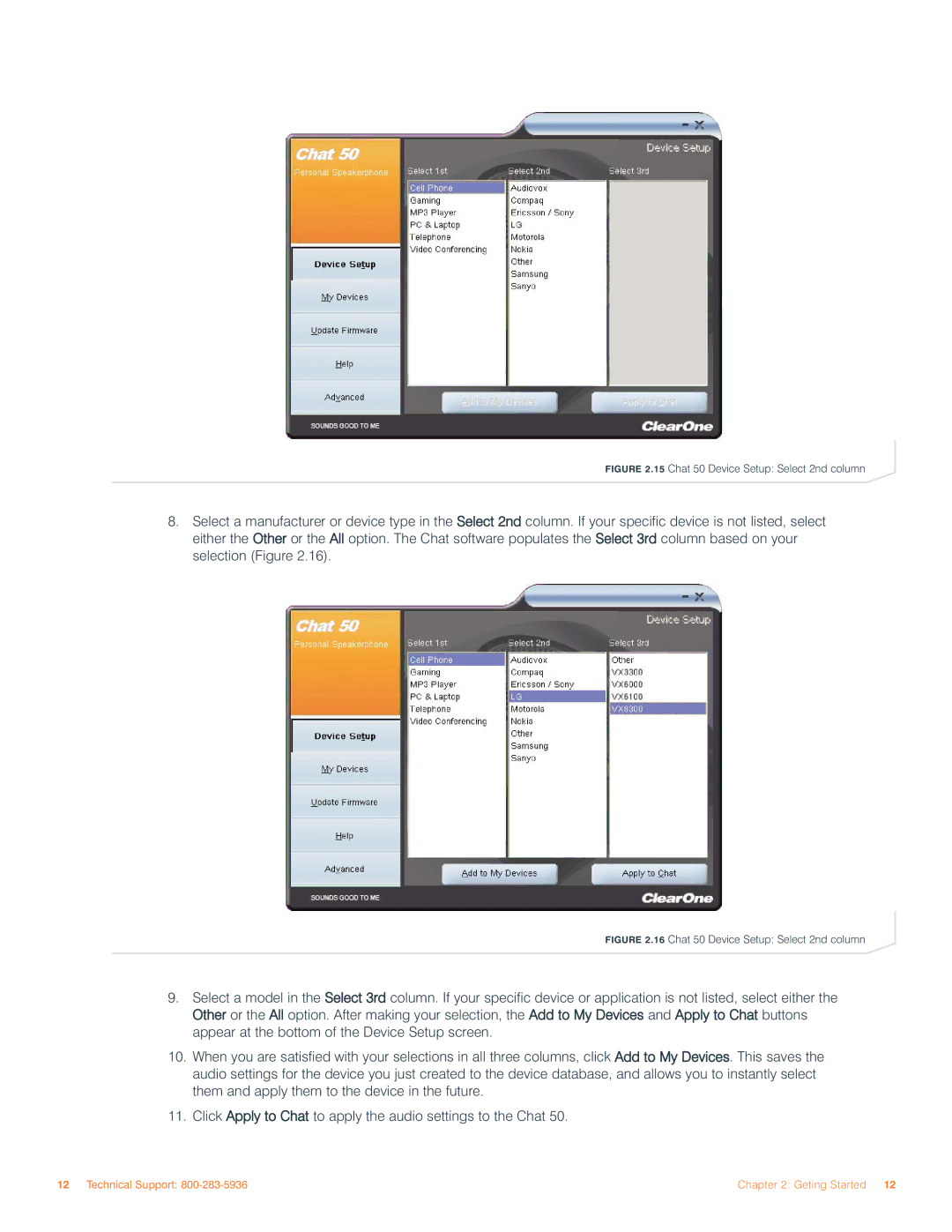 ClearOne comm user manual Chat 50 Device Setup Select 2nd column 