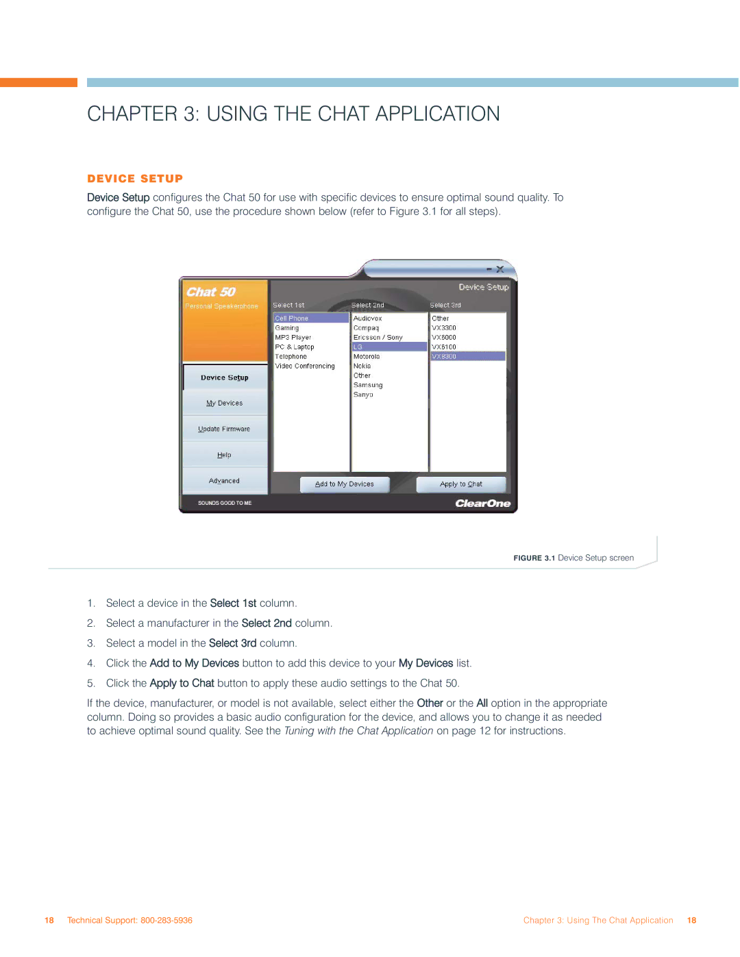 ClearOne comm 50 user manual Using the Chat Application, Device Setup 