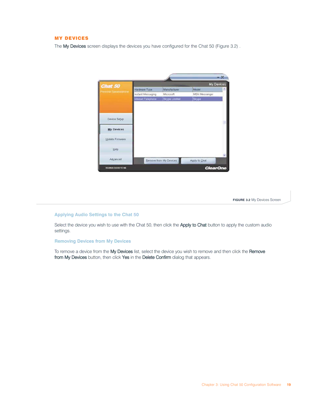ClearOne comm 50 user manual MY Devices, Applying Audio Settings to the Chat, Removing Devices from My Devices 