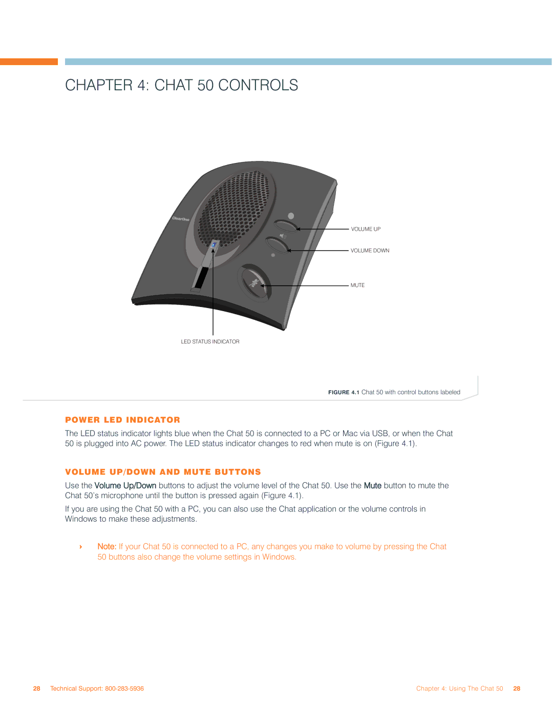 ClearOne comm user manual Chat 50 Controls, Power LED Indicator, Volume UP/DOWN and Mute Buttons 