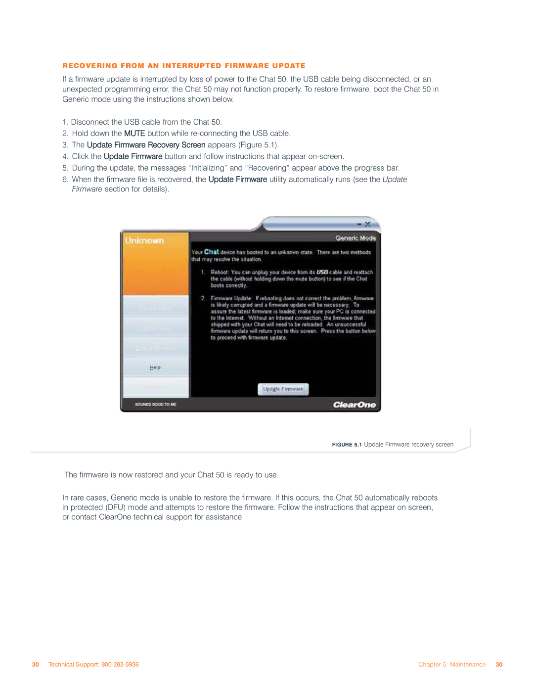 ClearOne comm 50 user manual Update Firmware Recovery Screen appears Figure 