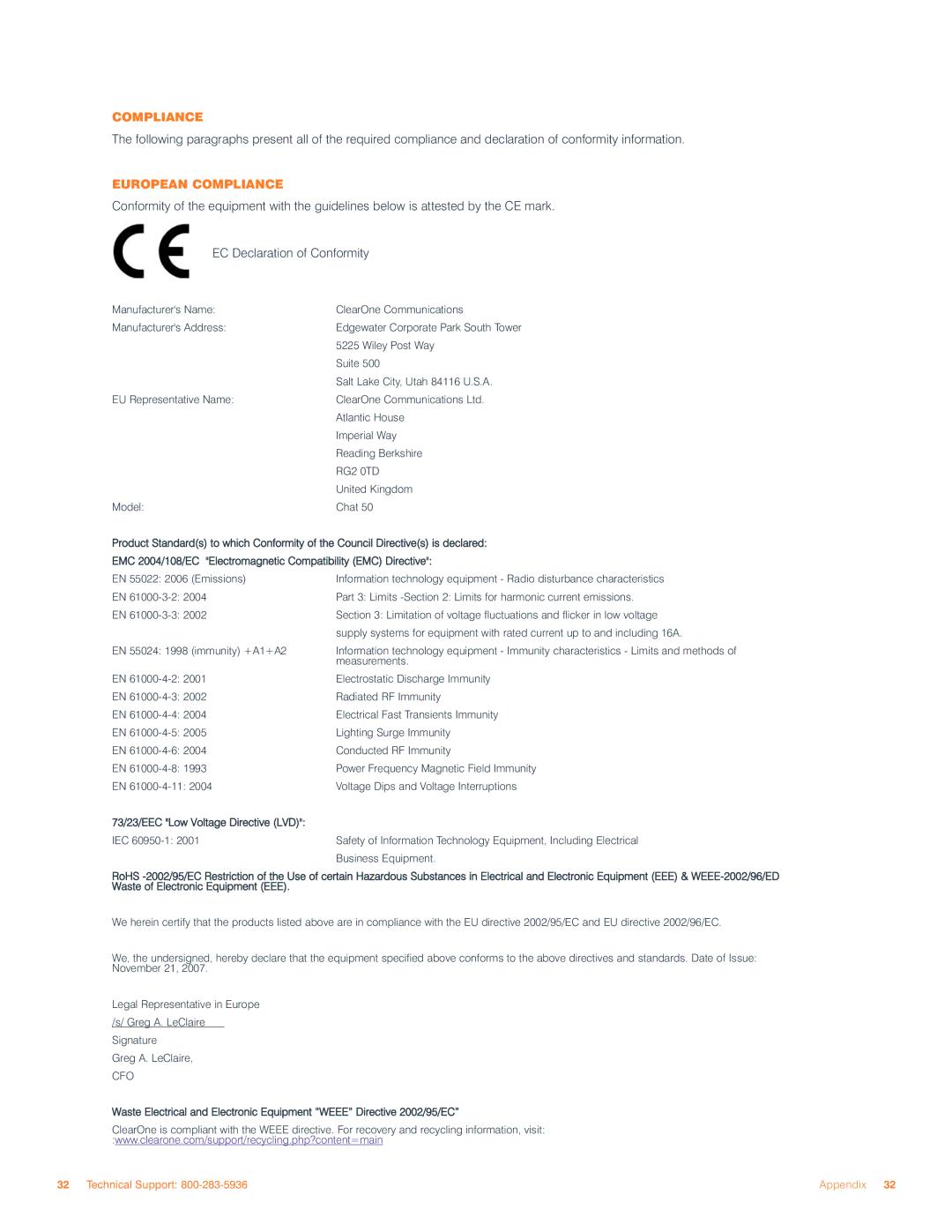 ClearOne comm 50 user manual Compliance 