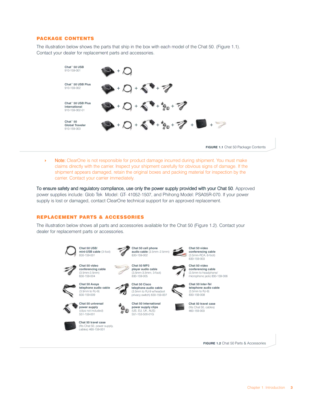 ClearOne comm 50 user manual Package Contents, Replacement Parts & Accessories 