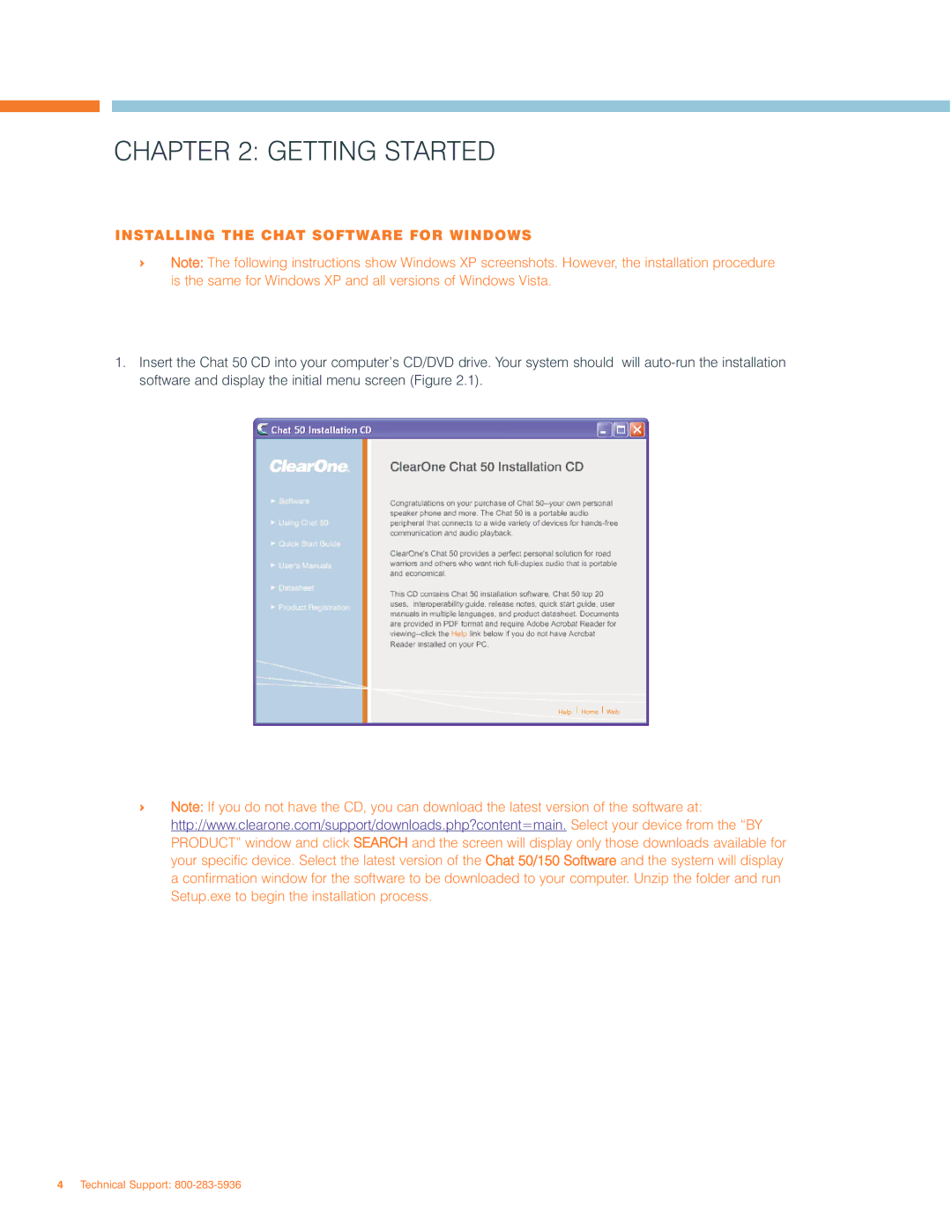 ClearOne comm 50 user manual Getting Started, Installing the Chat Software for Windows 