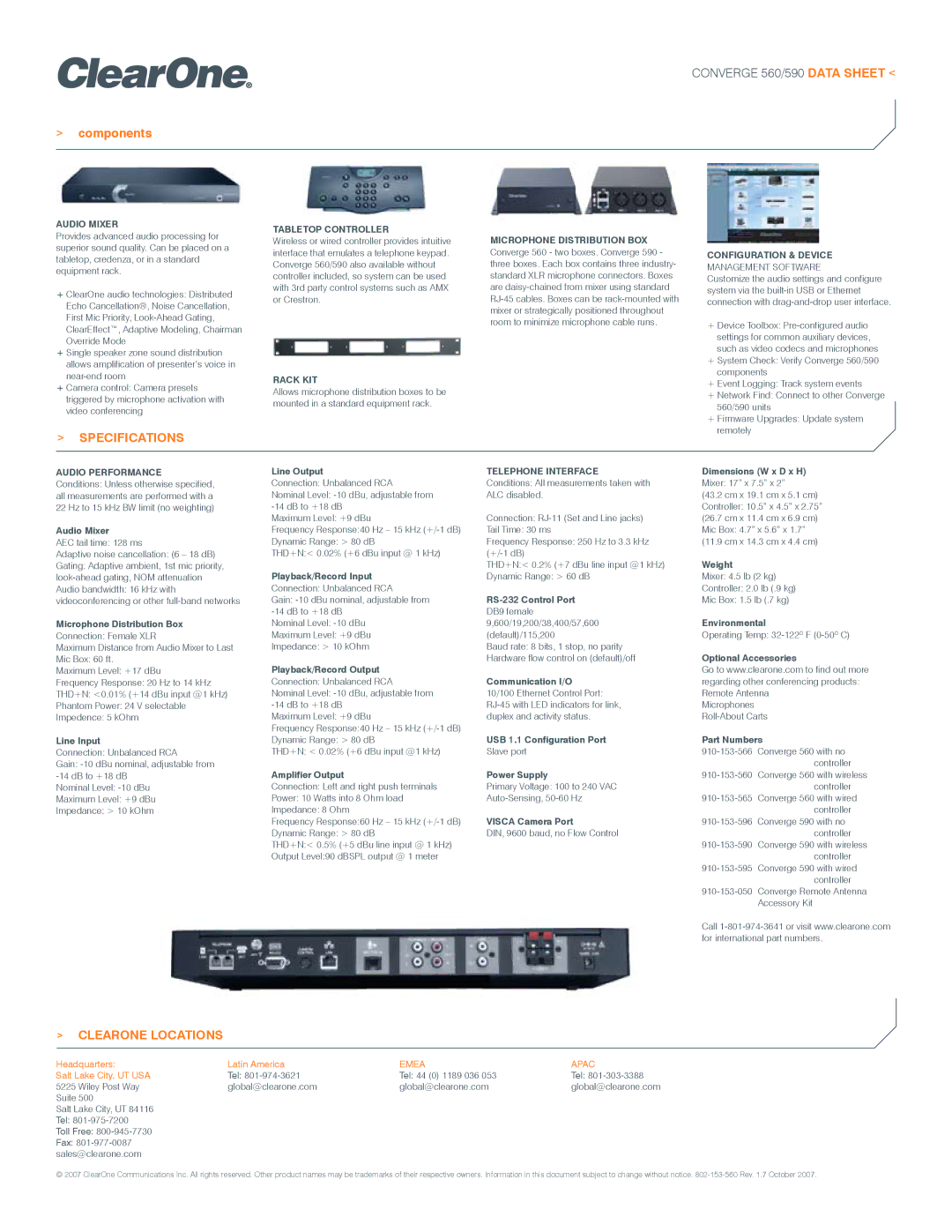 ClearOne comm 560, 590 manual Audio Mixer, Tabletop Controller, Rack Kit, CONFIGURATION & Device, Audio Performance 