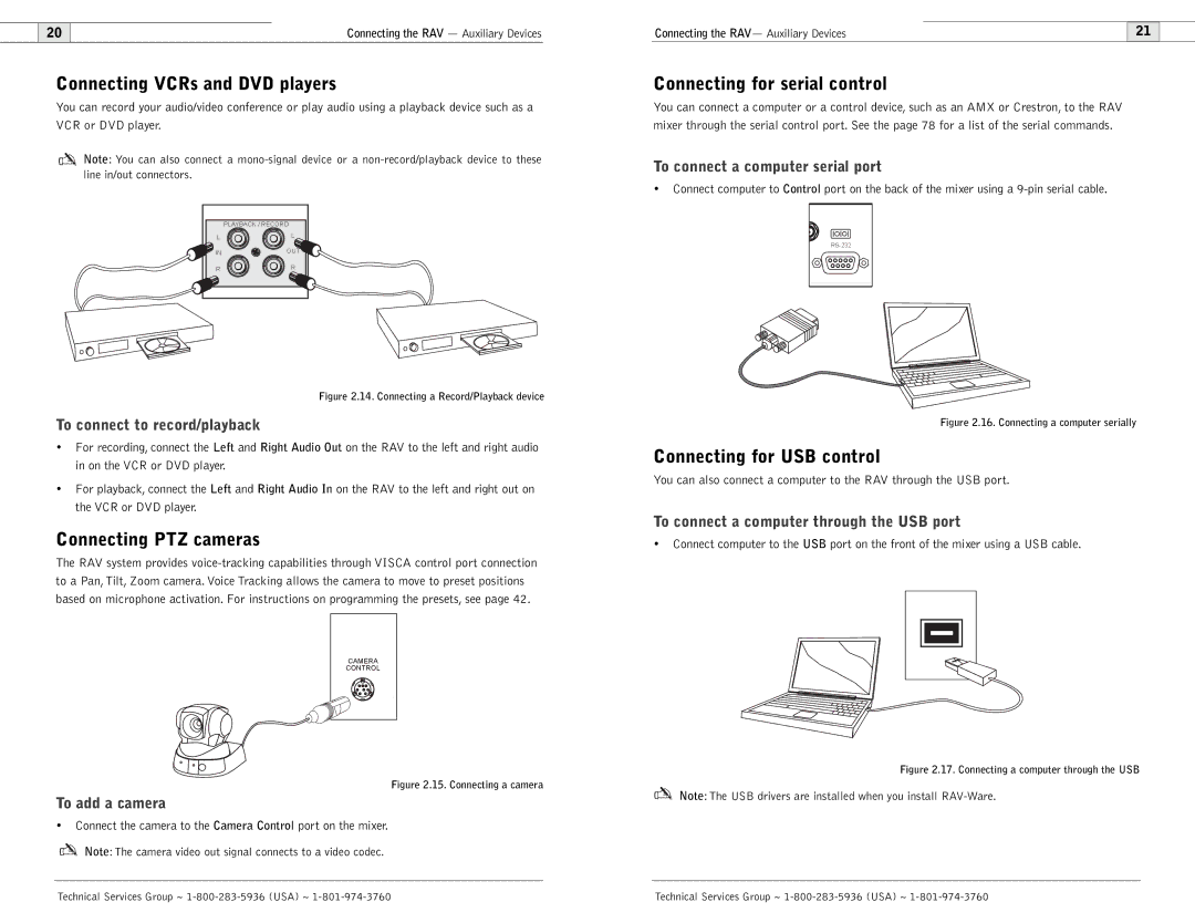 ClearOne comm 900, 600 user manual Connecting VCRs and DVD players, Connecting PTZ cameras, Connecting for serial control 