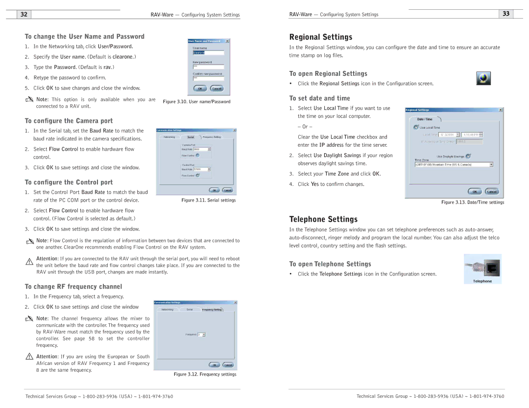 ClearOne comm 900, 600 user manual Regional Settings, Telephone Settings 