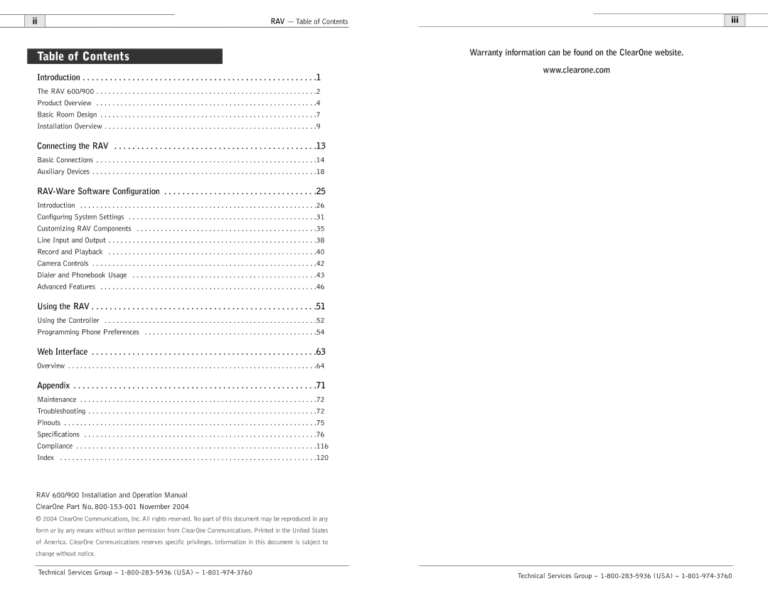 ClearOne comm 600, 900 user manual Table of Contents 