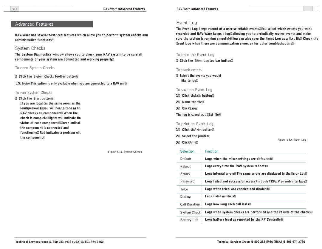 ClearOne comm 600, 900 user manual Advanced Features, System Checks, Event Log 