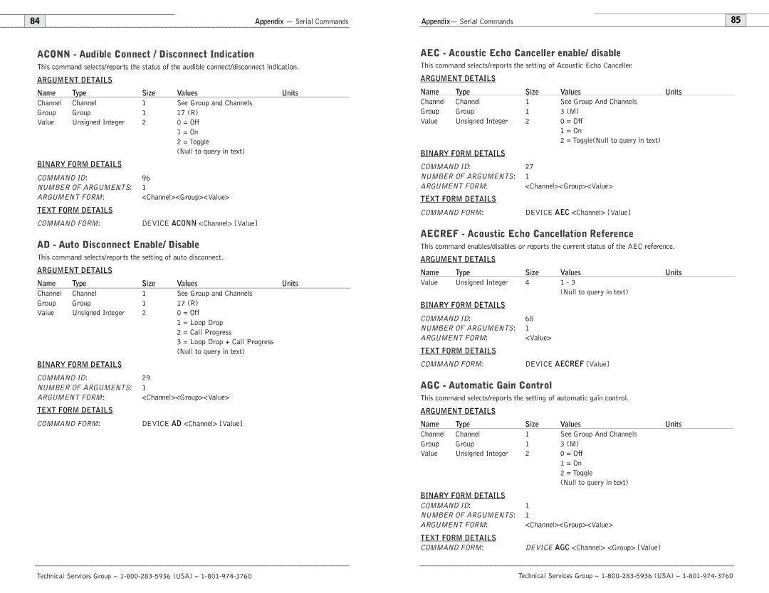 ClearOne comm 900, 600 user manual Aconn Audible Connect / Disconnect Indication, AD Auto Disconnect Enable/ Disable 