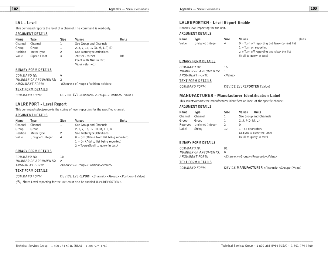 ClearOne comm 600, 900 user manual LVL Level, Lvlreport Level Report, Lvlreporten Level Report Enable 