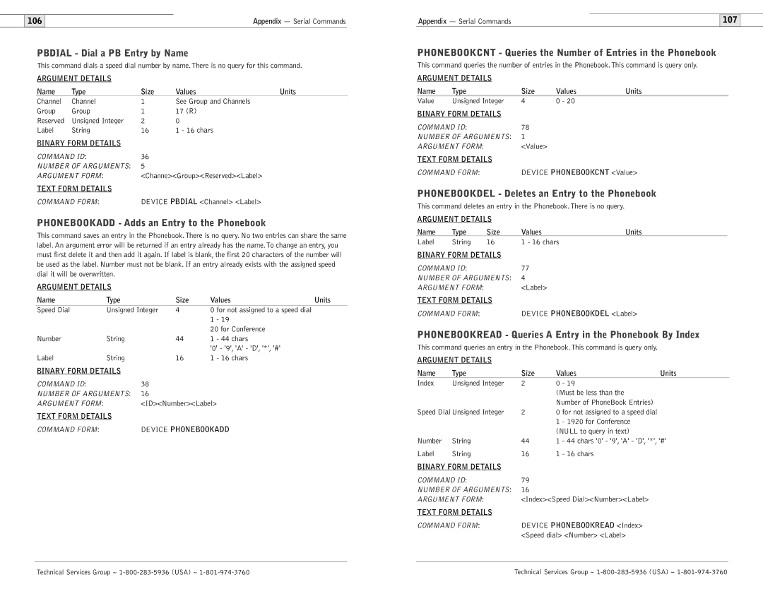 ClearOne comm 600, 900 user manual Pbdial Dial a PB Entry by Name, Phonebookadd Adds an Entry to the Phonebook 