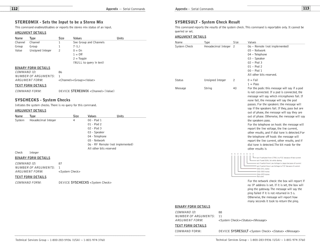 ClearOne comm 900 Stereomix Sets the Input to be a Stereo Mix, Syschecks System Checks, Sysresult System Check Result, 112 