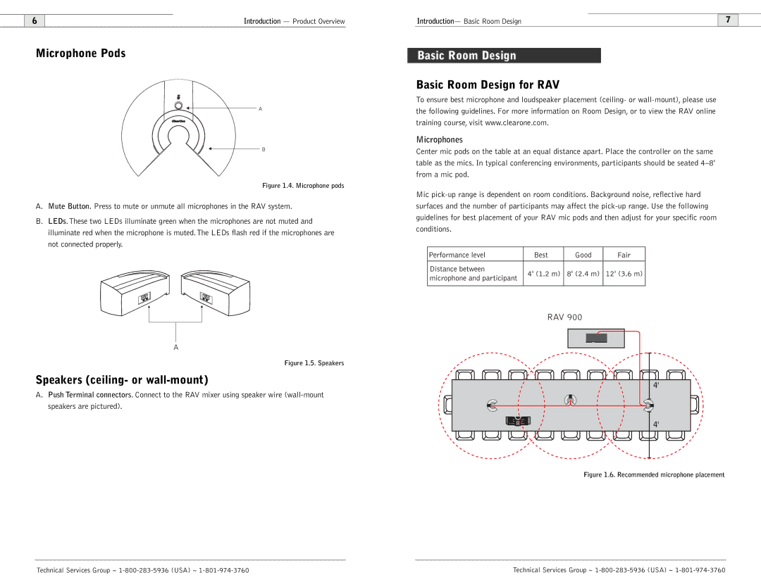 ClearOne comm 600, 900 Microphone Pods, Basic Room Design for RAV, Speakers ceiling- or wall-mount, Microphones 