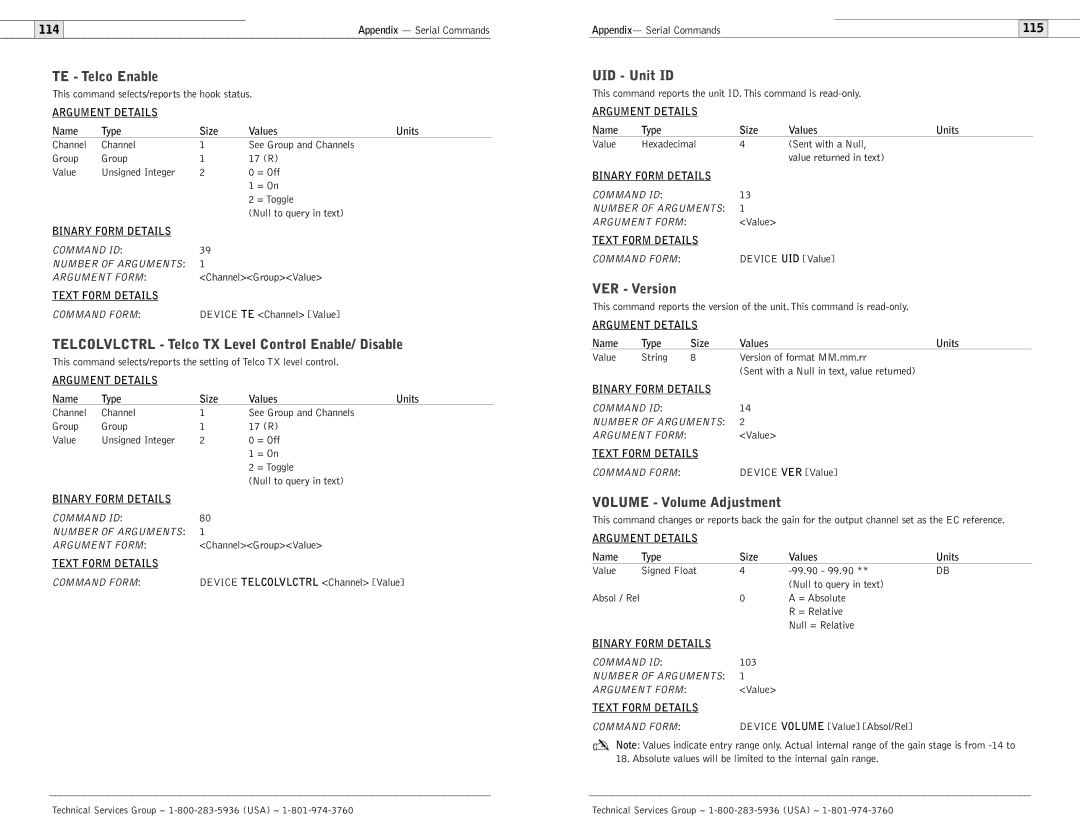 ClearOne comm 600, 900 TE Telco Enable, Telcolvlctrl Telco TX Level Control Enable/ Disable, UID Unit ID, VER Version 