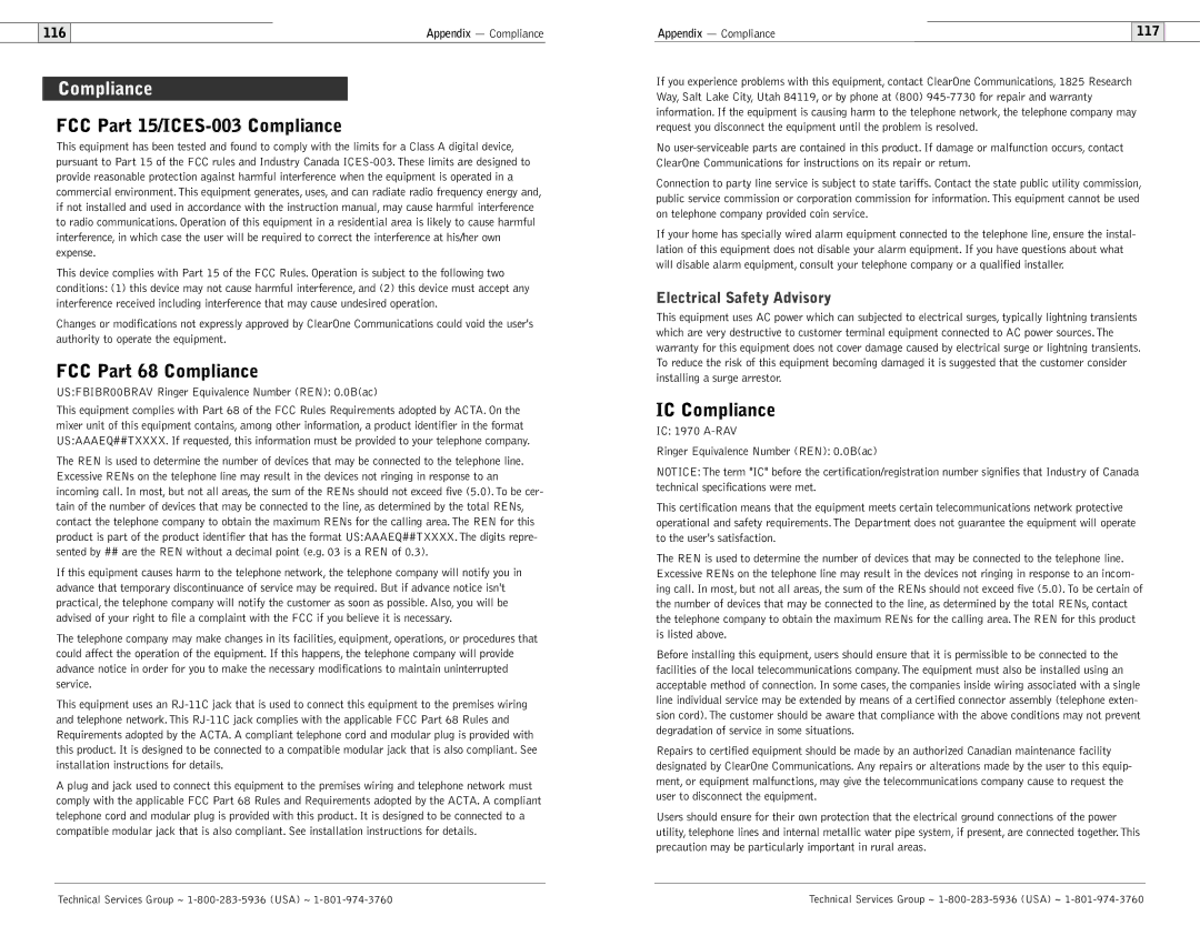 ClearOne comm 900 FCC Part 15/ICES-003 Compliance, FCC Part 68 Compliance, IC Compliance, Electrical Safety Advisory 