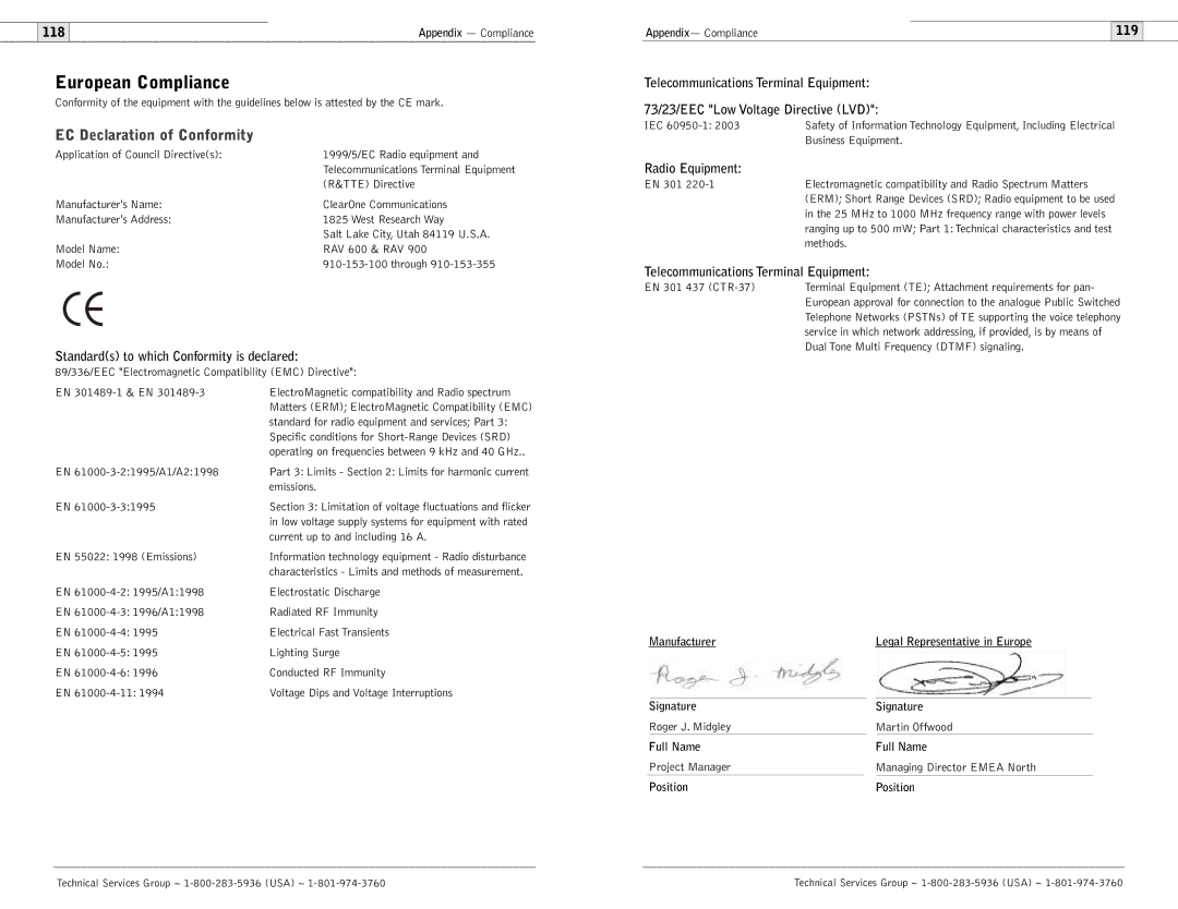 ClearOne comm 600, 900 user manual European Compliance, EC Declaration of Conformity 