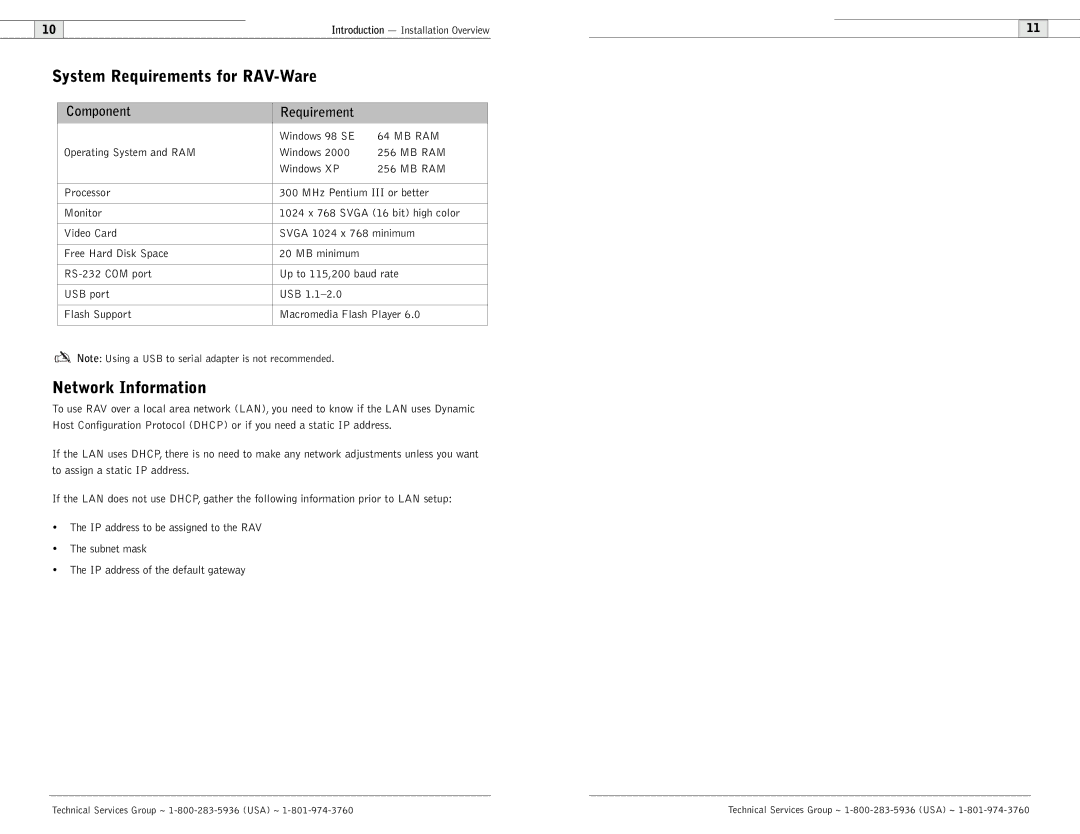 ClearOne comm 600, 900 user manual System Requirements for RAV-Ware, Network Information 