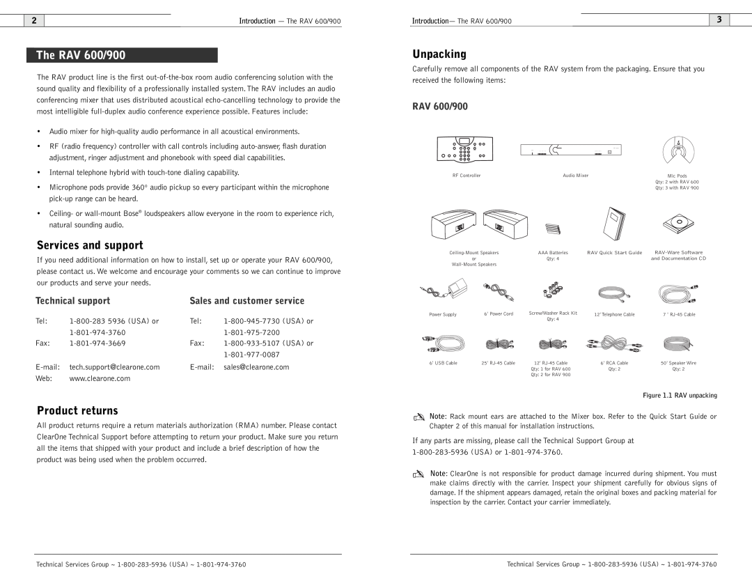 ClearOne comm user manual The RAV 600/900, Services and support, Product returns, Unpacking, Technical support 