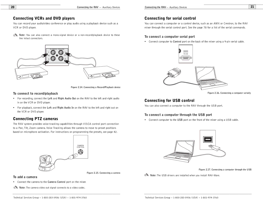 ClearOne comm 600/900 user manual Connecting VCRs and DVD players, Connecting PTZ cameras, Connecting for serial control 