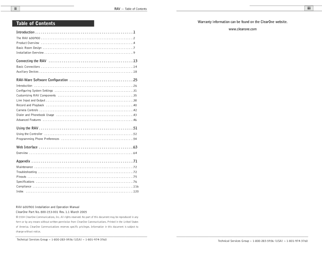 ClearOne comm 600/900 user manual Table of Contents 