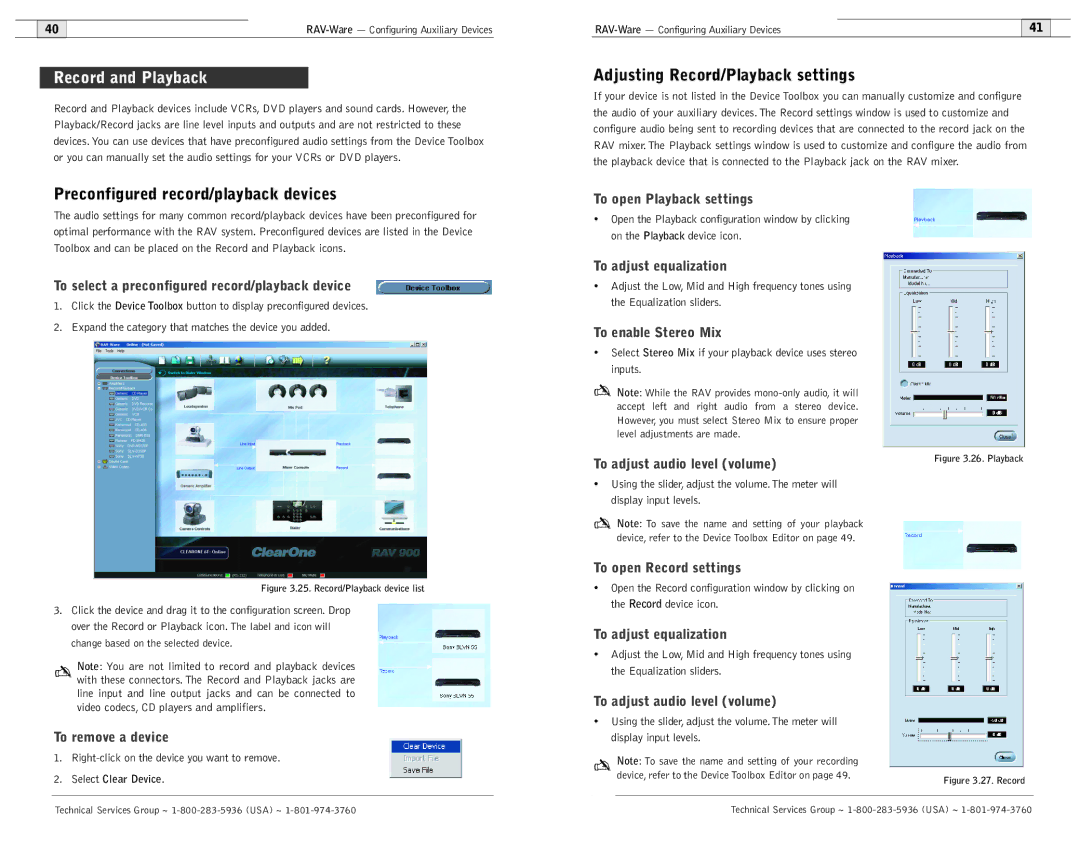 ClearOne comm 600/900 Record and Playback, Adjusting Record/Playback settings, Preconfigured record/playback devices 