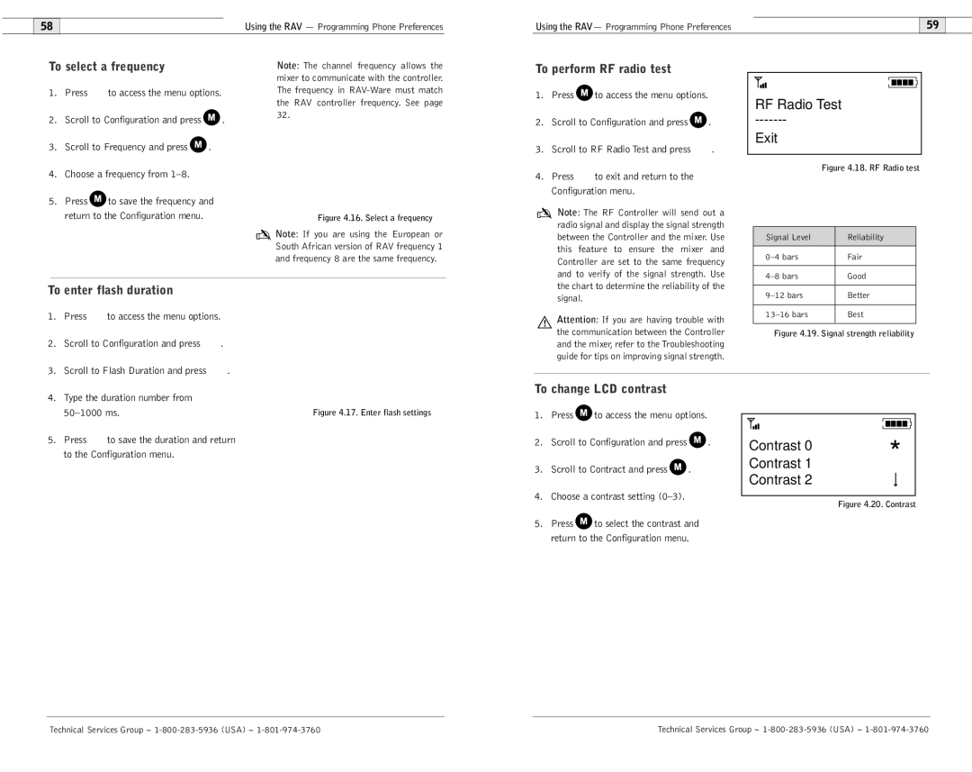 ClearOne comm 600/900 To select a frequency, To perform RF radio test, To enter flash duration, To change LCD contrast 