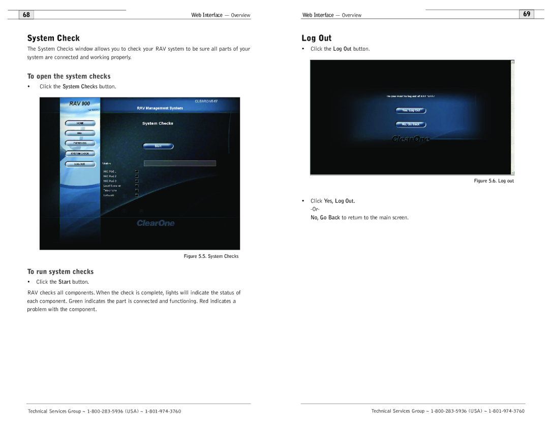 ClearOne comm 600/900 user manual System Check, To open the system checks, Click Yes, Log Out 