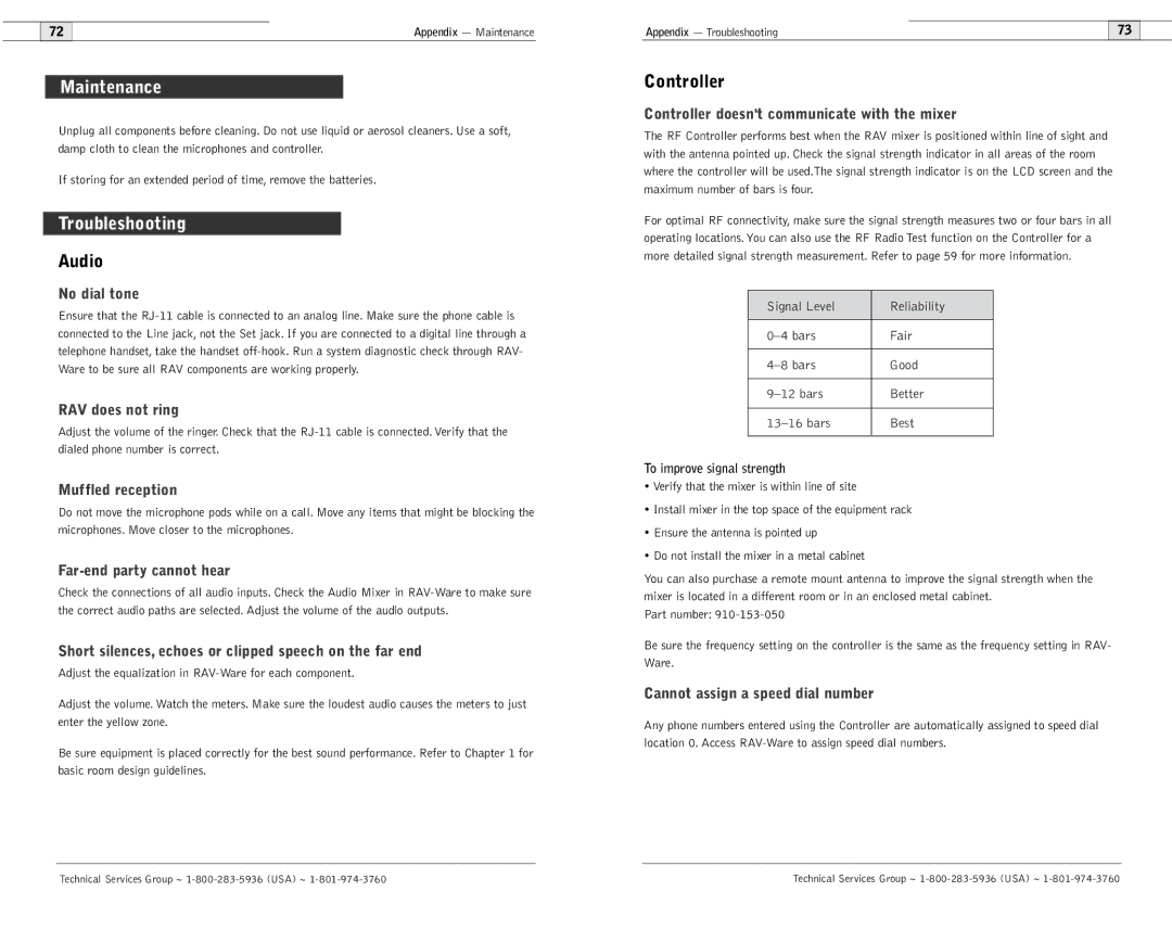 ClearOne comm 600/900 user manual Maintenance, Troubleshooting, Audio, Controller 