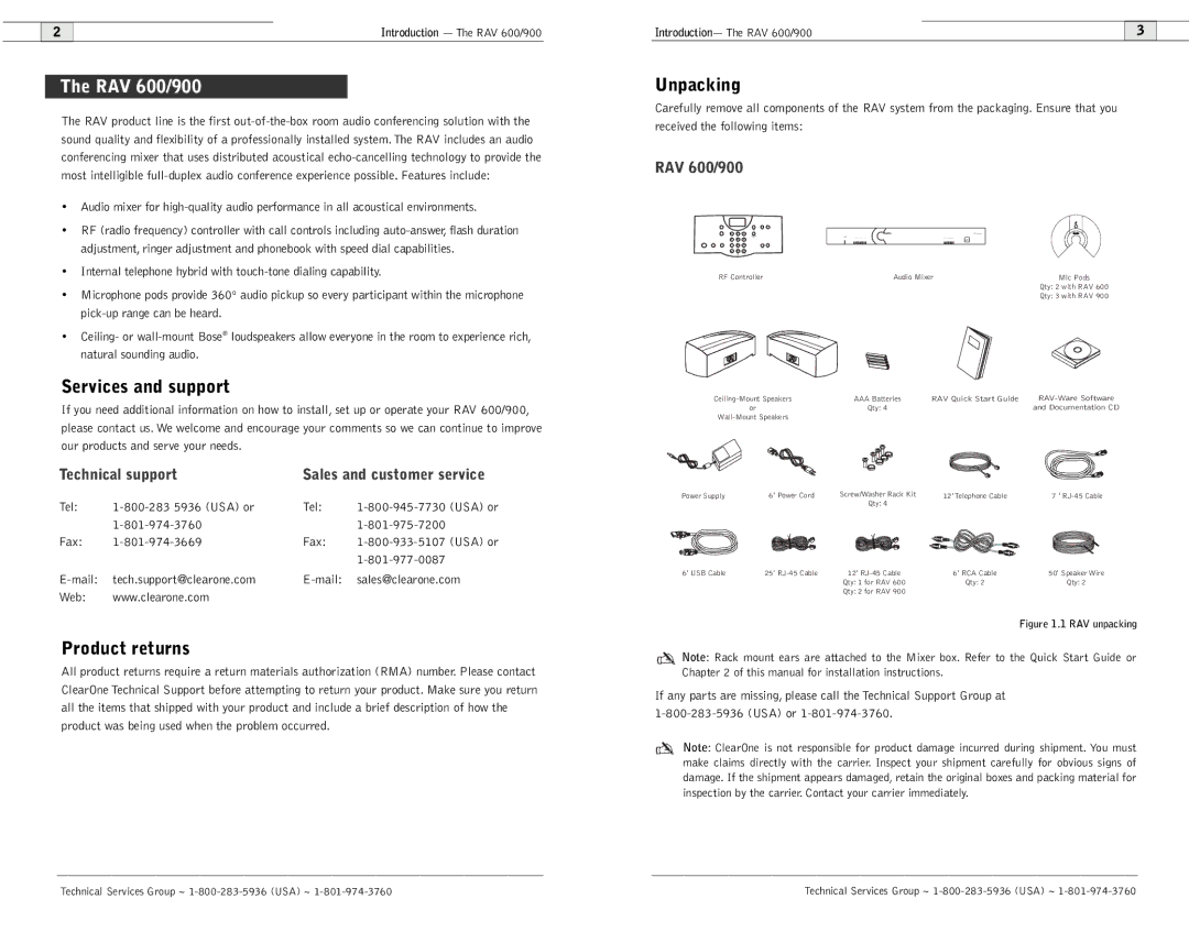 ClearOne comm user manual RAV 600/900, Services and support, Product returns, Unpacking 