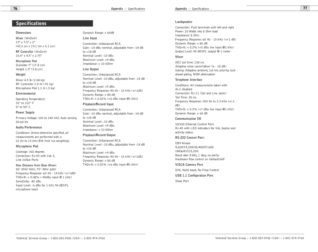 ClearOne comm 600/900 user manual Specifications 