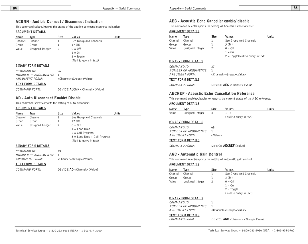 ClearOne comm 600/900 user manual Aconn Audible Connect / Disconnect Indication, AD Auto Disconnect Enable/ Disable 