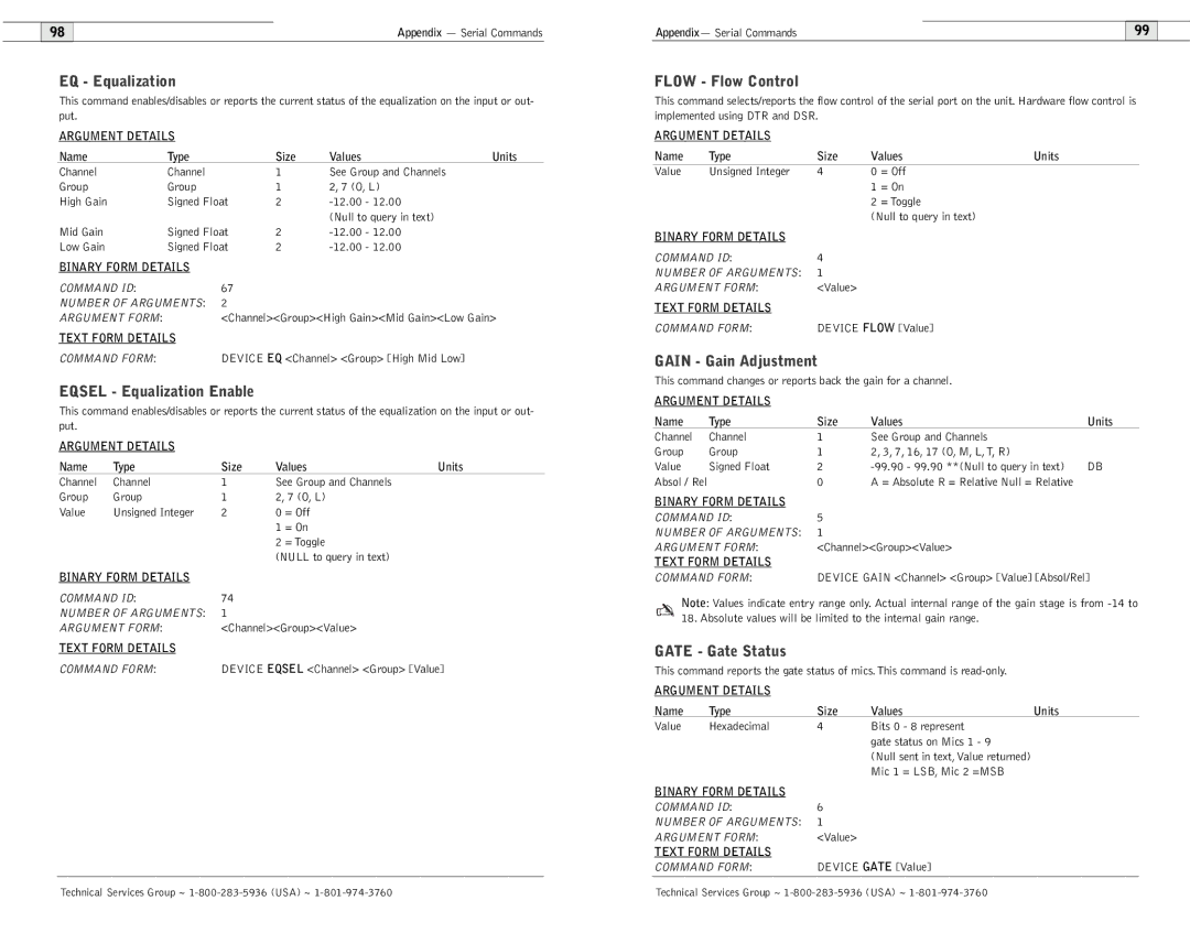 ClearOne comm 600/900 user manual EQ Equalization, Eqsel Equalization Enable, Flow Flow Control, Gain Gain Adjustment 