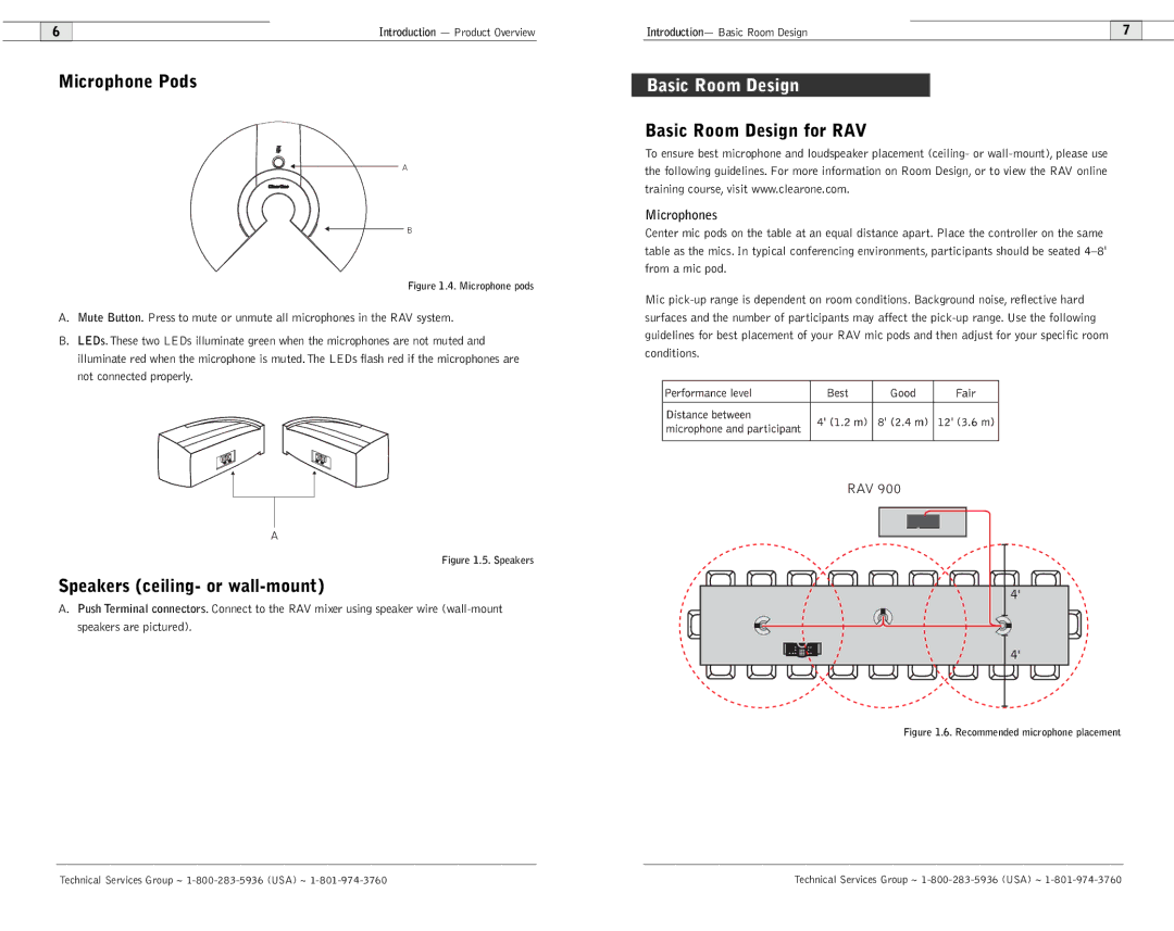 ClearOne comm 600/900 user manual Microphone Pods, Basic Room Design for RAV, Speakers ceiling- or wall-mount 