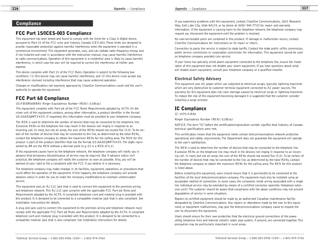 ClearOne comm 600/900 user manual FCC Part 15/ICES-003 Compliance, FCC Part 68 Compliance, IC Compliance 